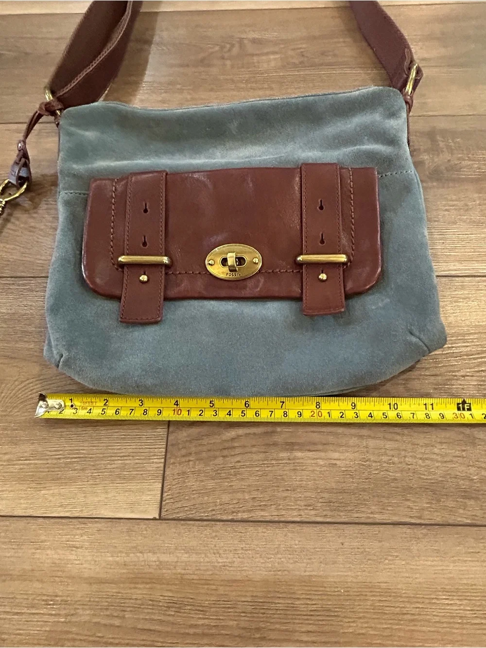 Fossil Long Live Vintage Blue Suede Leather Crossbody Shoulder Bag Key Charm